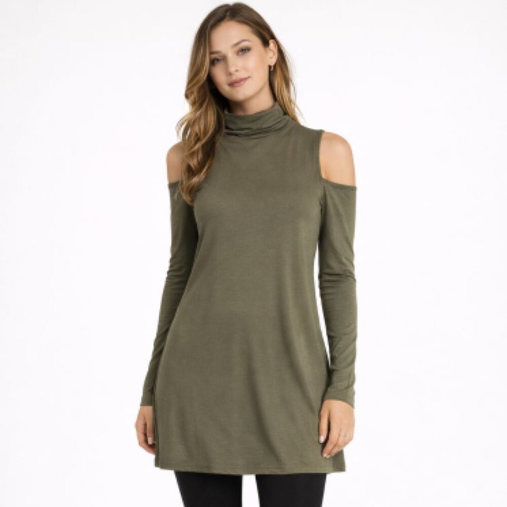 Neiman Marcus Olive Green Cold Shoulder Mock Neck Dress Tunic M